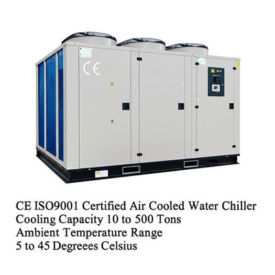 Resfriador de água com certificação CE ISO9001, resfriado a ar, capacidade de resfriamento de 10 a 500 toneladas, faixa de temperatura ambiente de 5 a 45 graus Celsius